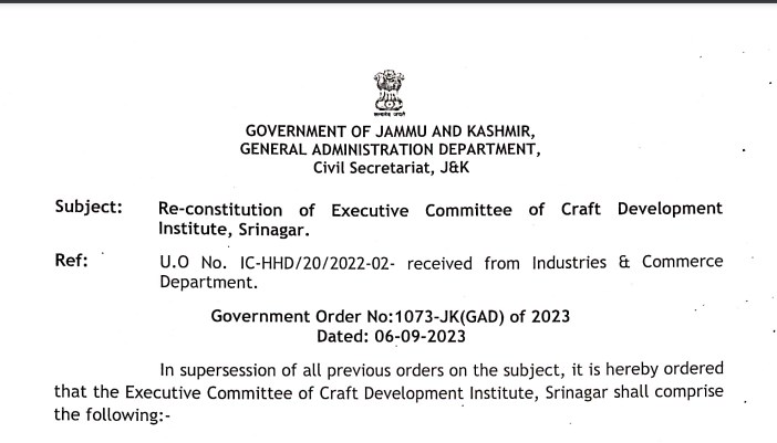 Re-constitution of Executive Committee of Craft Development Institute Srinagar