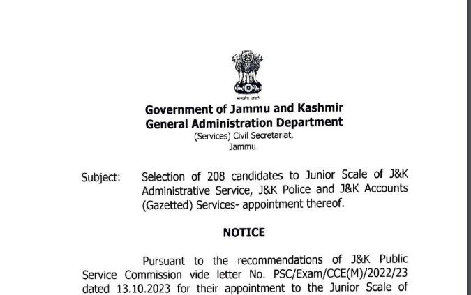 Government issues list of 208 Selected candidates of JKAS