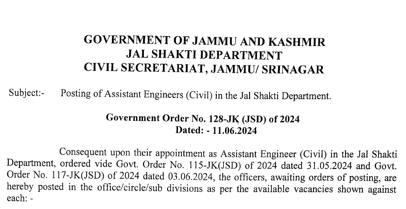 Posting of Assistant Engineers (Civil) in Jal Shakti Department