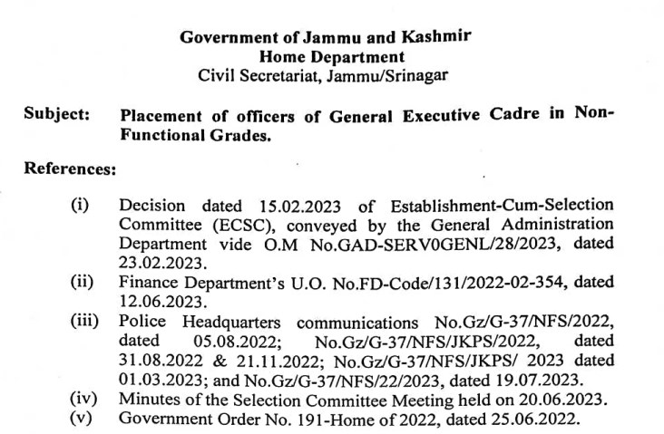 J&K Home Department orders Placement of 101 J&K Police Officers in Non-Functional Grades