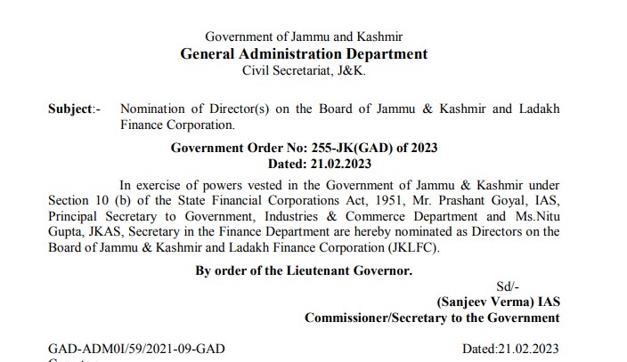 Nomination of Directors on the Board of Jammu and Kashmir and Ladakh Finance Corporation