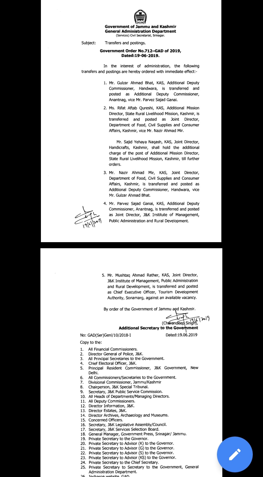 Government orders Transfers and postings of 5 KAS officers 
