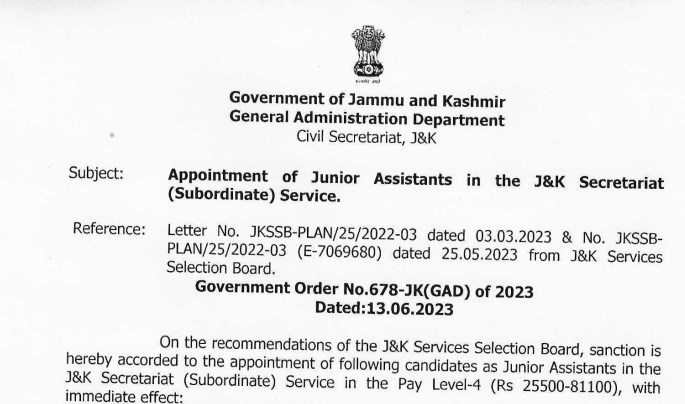 Appointment of Junior Assistants in the JK Secretariat Subordinate Service