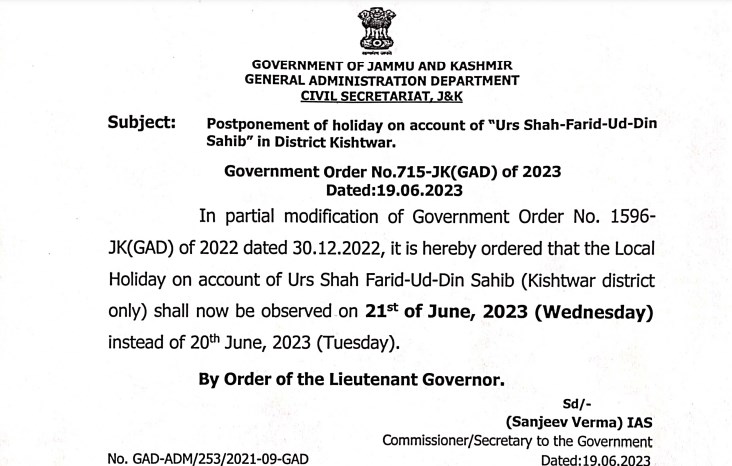 Postponement of holiday on account of Urs Shah-Farid-UD-Din Sahib in District Kishtwar