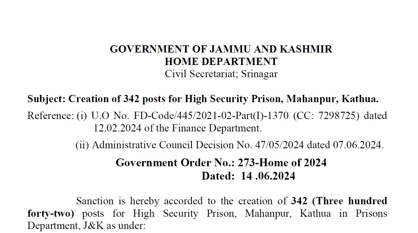 Creation of 342 posts for High Security Prison, Mahanpur, Kathua