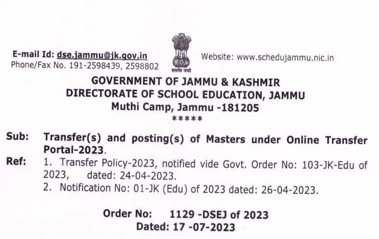 J&K adm orders Transfers and Posting of Masters In Jammu Division