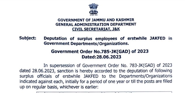 Deputation of surplus employees of erstwhile JAKFED in Government Departments/Organizations