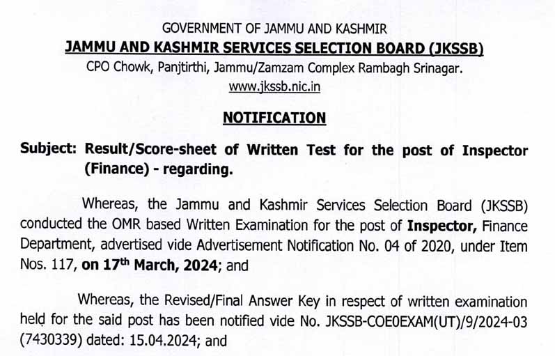 JKSSB; Result/ Score-sheet Of Written Test For The Post Of Inspector – Finance