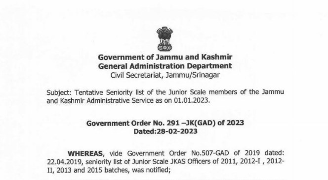 Tentative Seniority list of the Junior Scale members of the J&K Administrative Service as on 01-01-2023