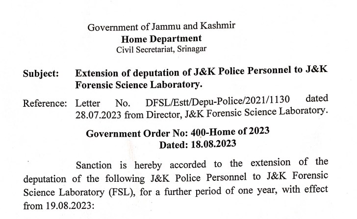 Extension of deputation of J&K Police Personnel to J&K Forensic Science Laboratory