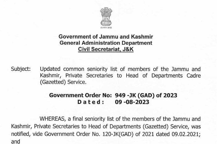 Updated common seniority list of members of the J&K Private Secretaries to Head of Departments Cadre Gazetted Service