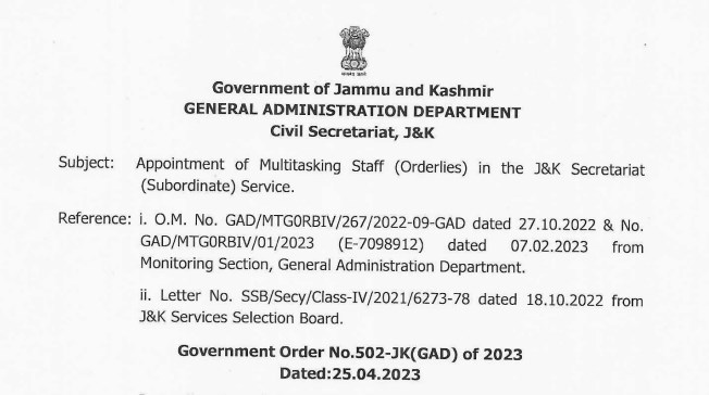 Appointment of Multitasking Staff Orderlies in J&K Secretariat Subordinate Service