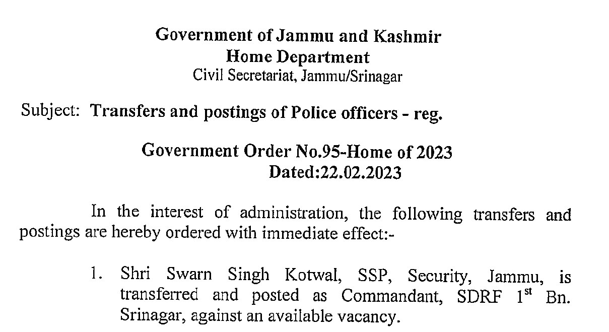 Government Orders Transfers and Postings of 50 SSP and SPs in J&K Police: