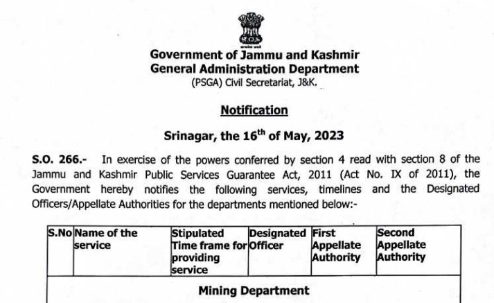 Notification of Services of different Departments under the Public Services Guarantee Act 2011