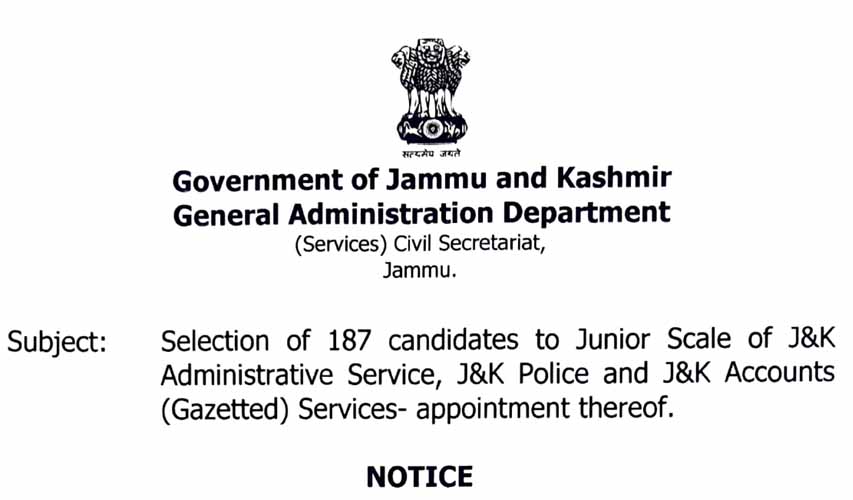 GAD issues notification for 187 candidates selected in JKAS 2023