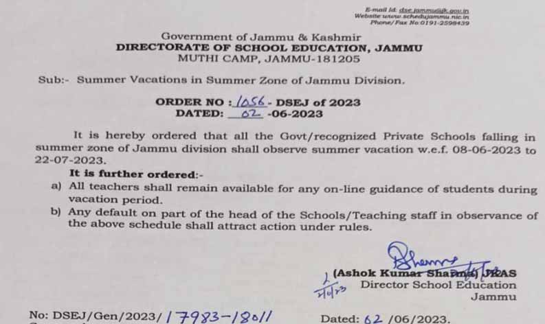 Govt announces summer break for Jammu schools from June-08 to July-22