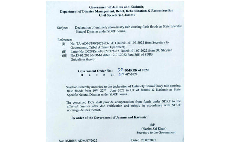 JK Admin declares untimely snow, heavy rain from June 19-22 as natural disaster