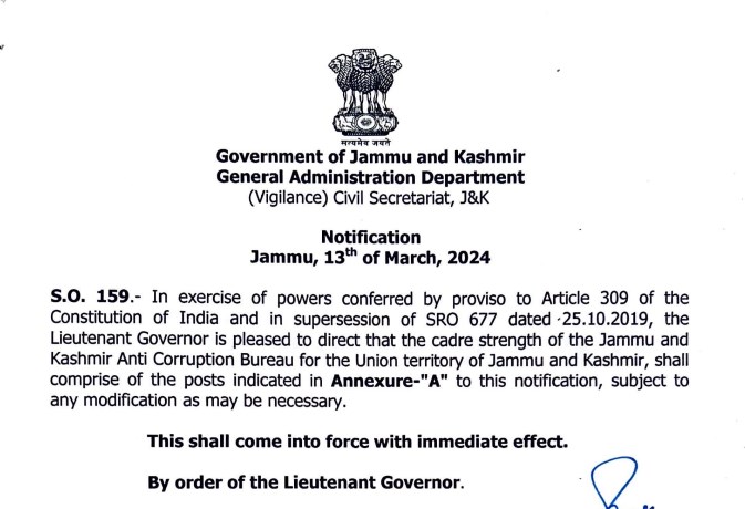 Cadre strength of the Jammu and Kashmir Anti Corruption Bureau for the UT of J&K