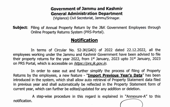 Filing of Annual Property Return by the JK Govt Employees through Online Property Returns System PRS Portal