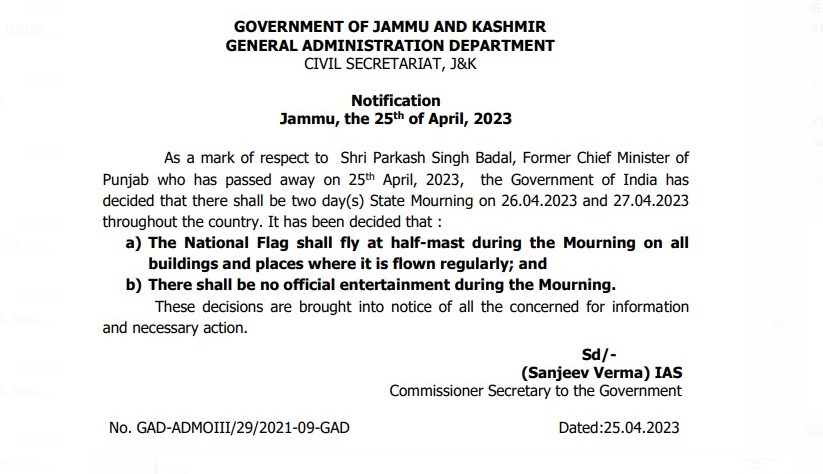 Government declares two days mourning in UT of J&K as a mark of respect to Prakash Singh Badal