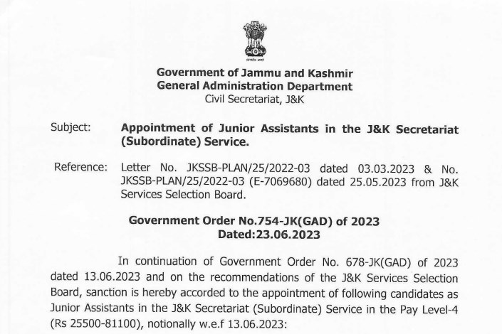 Appointment of Junior Assistants in the JK Secretariat Subordinate Service