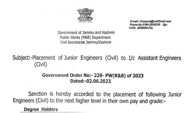Placement of Junior Engineers (Civil) to I/C Assistant Engineers (Civil) in PWD department
