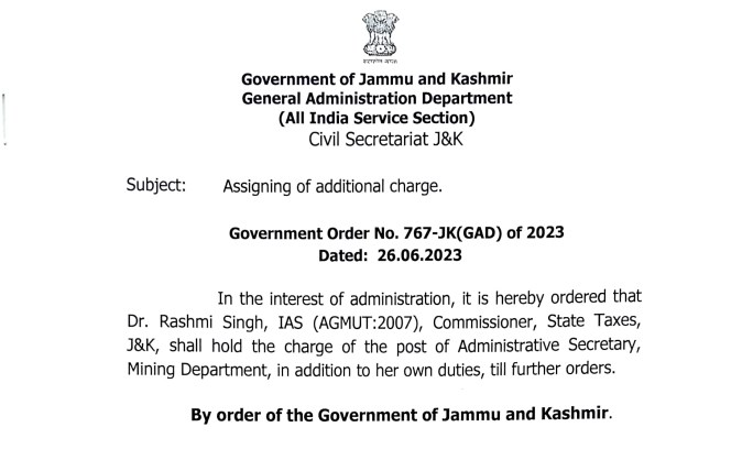 Government assigns additional Charge of Mining to Rashmi Singh, IAS ; Home rejects Amit sharma IAS petition for JK retention