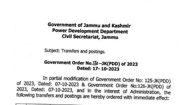 Government orders transfers and postings of 11 Engineers in JKPDD