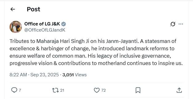 J&K L-G pays tribute to Maharaja Hari Singh on his 130th birth anniversary