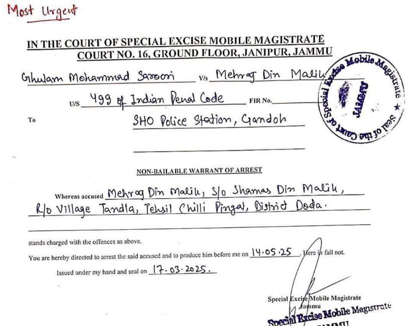 The Jammu Court has issued a non-bailable warrant against MLA Doda, Mehraj Malik.