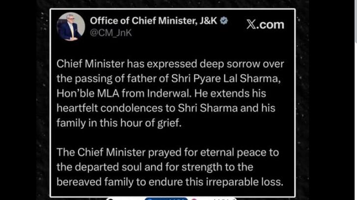 CM Omar Abdullah expresses grief over demise of father of MLA Payare Lal Sharma
