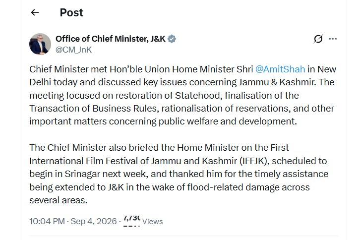 Omar Abdullah Meets Amit Shah, Seeks Early Restoration of J&K Statehood