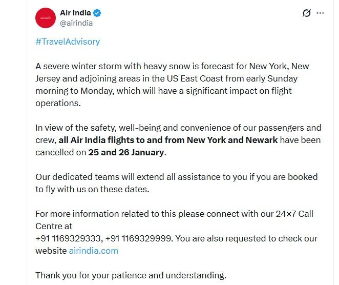 Air India issues travel advisory ahead of severe winter storm in US; flights cancelled