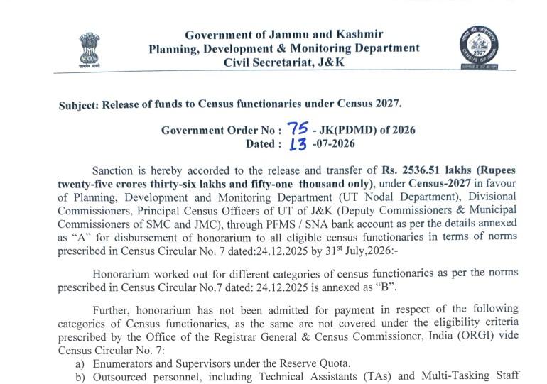 Jammu Kashmir: Govt Sanctions Rs 25.36 Crore for Census 2027 Honorariums