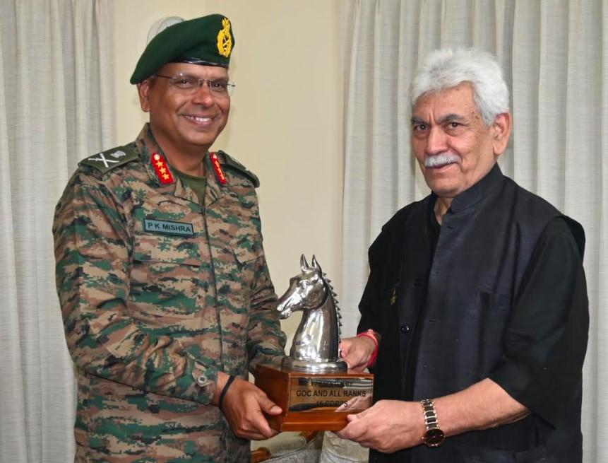 GOC 16 Corps Lt Gen P K Mishra Meets LG Manoj Sinha
