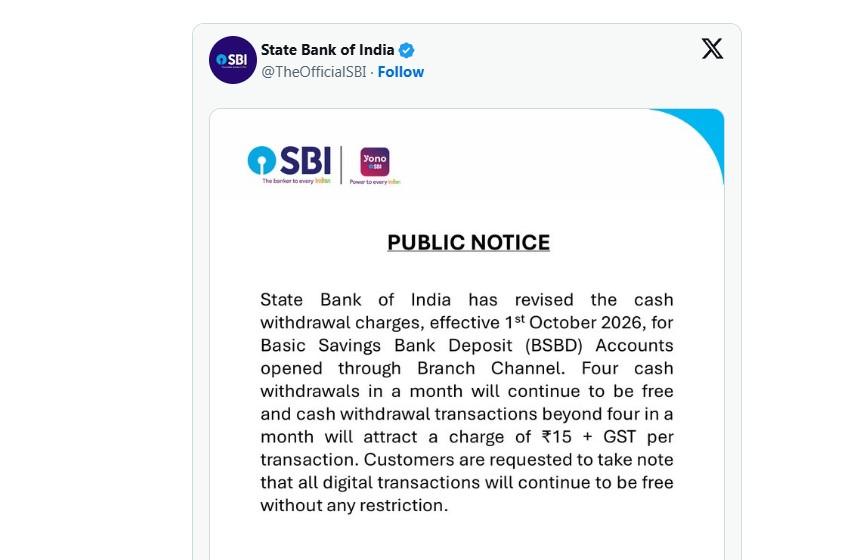 Attention bank customers: SBI to charge Rs 15 for cash withdrawals beyond four times from Oct 1