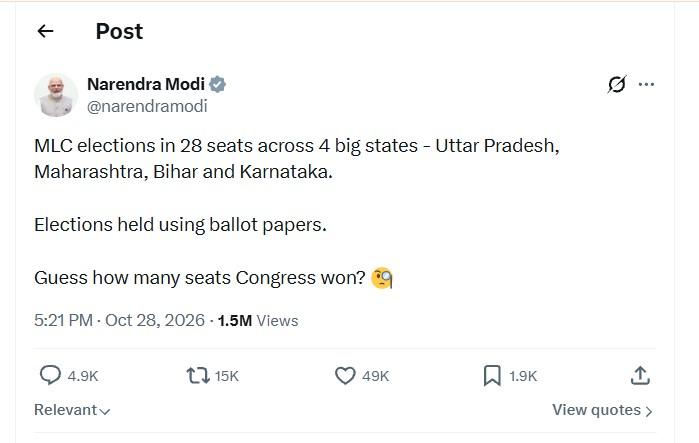 'How many seats Congress won': PM Modi taunts oppn party's dismal show in MLC polls despite use of paper ballots