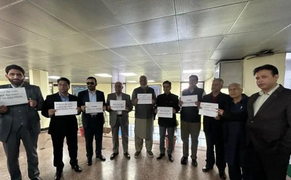 NC, Congress MLAs protest outside Assembly, seek Mehraj Malik’s release