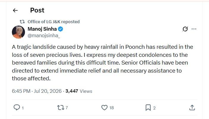 LG Manoj Sinha expresses grief over Poonch landslide tragedy, orders immediate relief for families