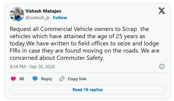 J&K Transport Dept Orders Seizure, FIRs Against Commercial Vehicles Over 25 Years Old