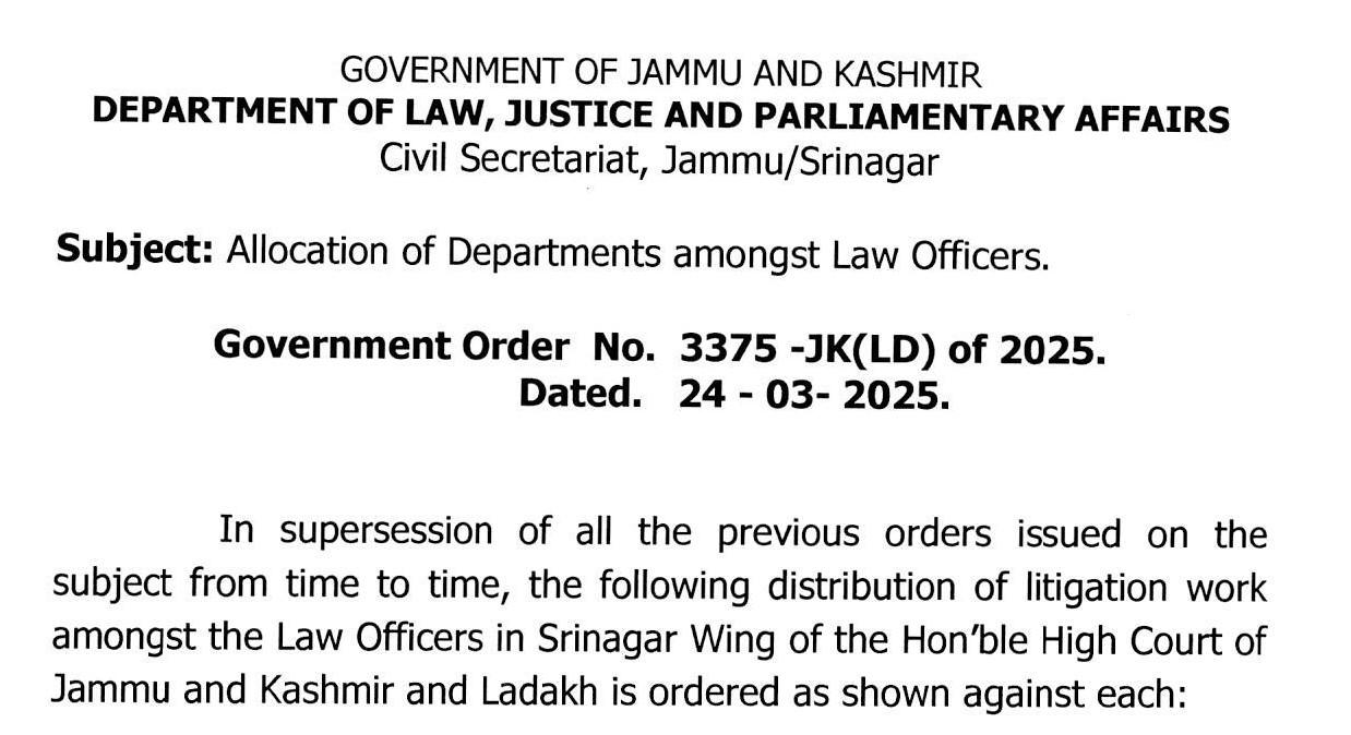 Government orders distribution of work among senior Government advocates
