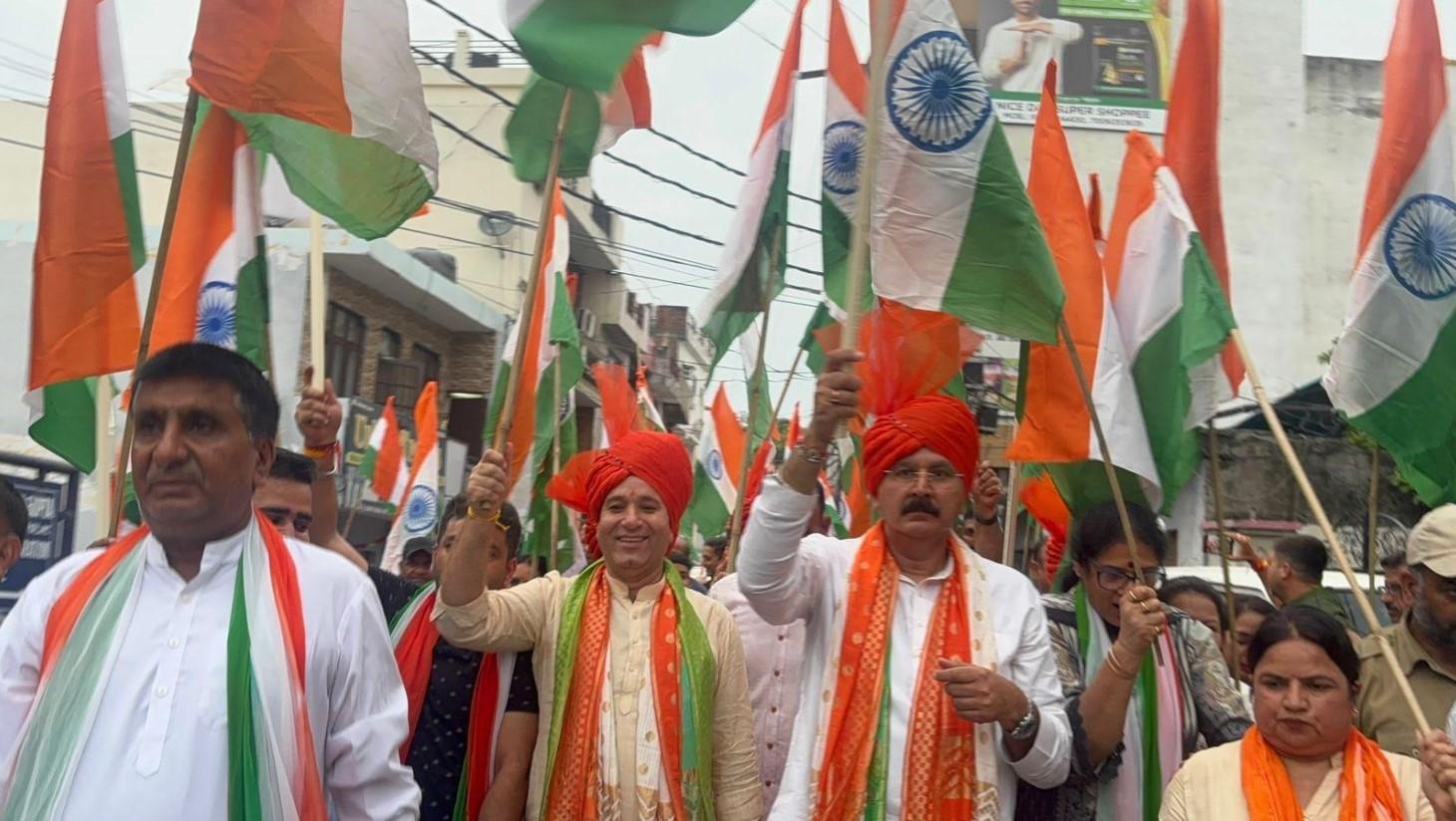 LoP Sunil Sharma and Jammu west MLA Arvind Gupta leads Tiranga Rally in Bakshi Nagar