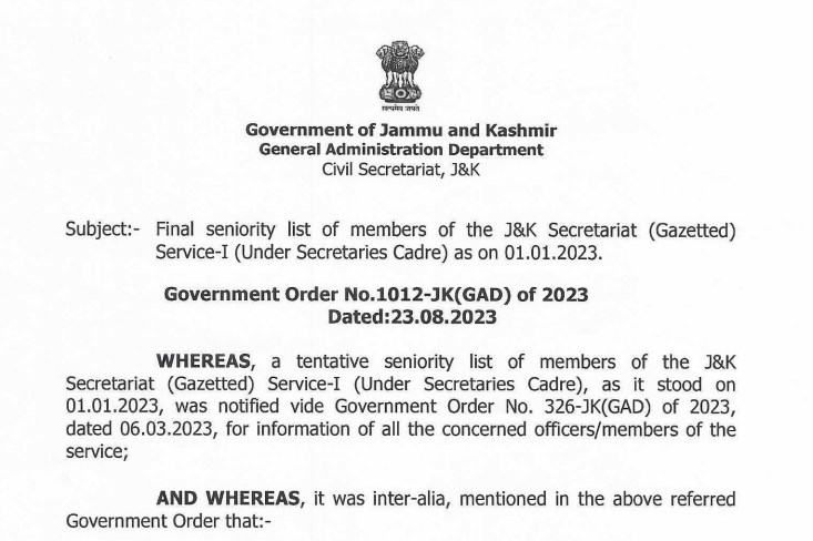 Final seniority list of members of the J&K Secretariat Gazetted Service-I Under Secretaries Cadre as on 01-01-2023