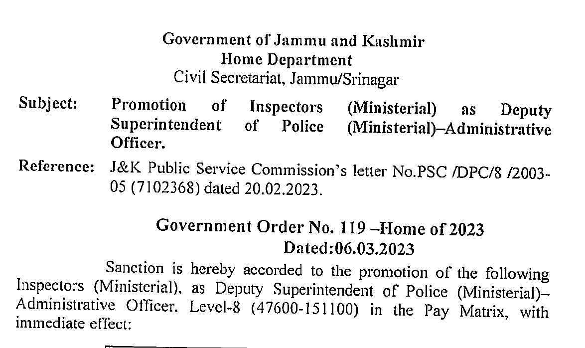 16 Inspectors promoted as DySPs in JK Police