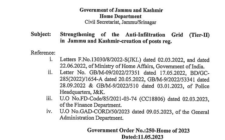 Government issues strengthening of anti infiltration Grid in J&K to check militancy