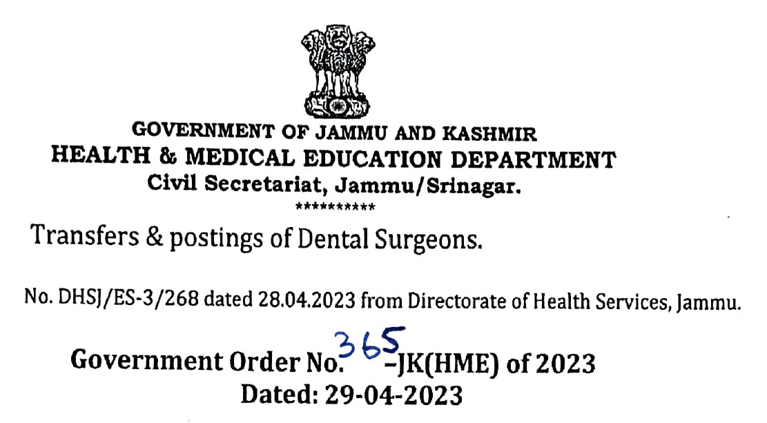 J&K UT Govt. Orders transfer of medical officers