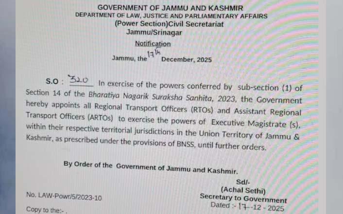 RTOs, ARTOs across J&K authorised to Act as Executive Magistrates
