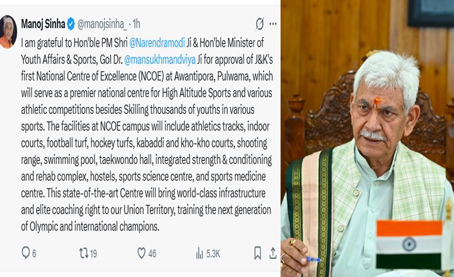 LG Sinha thanks PM Modi, Mandaviya for approving first National Centre for Excellence in J-K