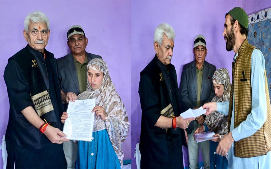 Pahalgam terror attack: Jammu & Kashmir L-G Manoj Sinha hands over job letter to wife of pony rider Adil
