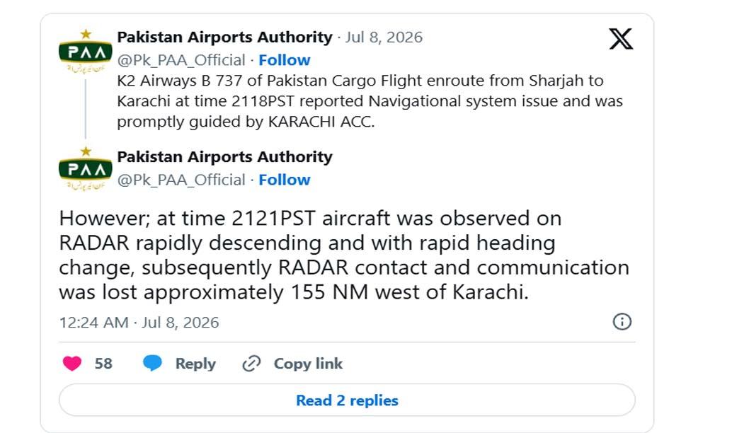 Pakistan cargo plane with five crew onboard goes missing over Arabian Sea after mid-air emergency